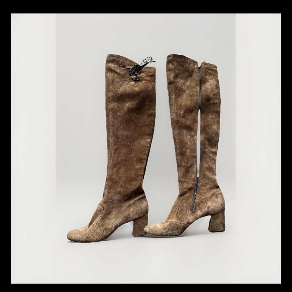 Vintage 70s Brown Suede Knee High Boots 6.5 Lace Back Boho Western